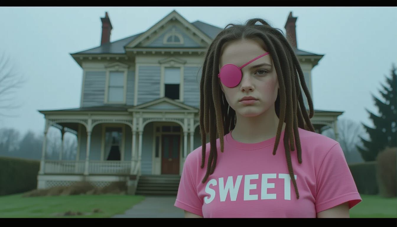  eurpean teen girl with rasta, she has   pink eyepatch on the right eye she wears a pink t-shirt with the word sweet, she stands before an a...