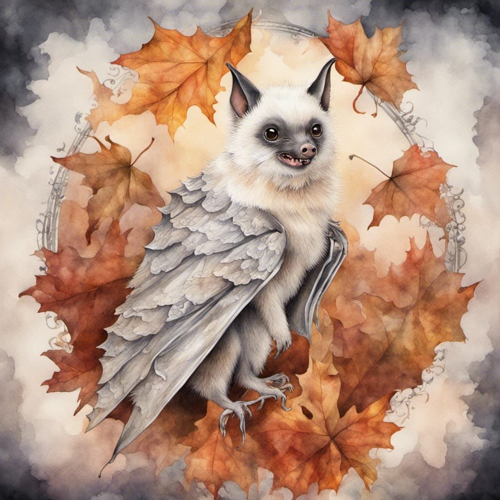 Rococo-style watercolor painting of a cute bat, and a mystical autumn background, beautiful and majestic. ...  by @WolfPowers