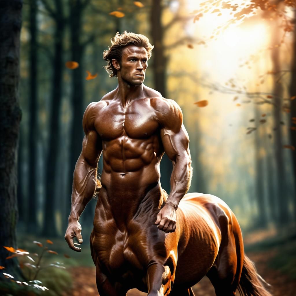 Dramatic image of the brave Oreius (Centaur of "Chronicles of Narnia":1.3) in sharp focus, with his equine features blending seamlessly with...