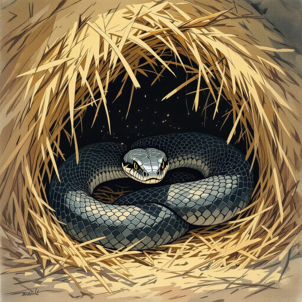 Snake Hidden Under Straw, Arthur Rackham Style Illustration