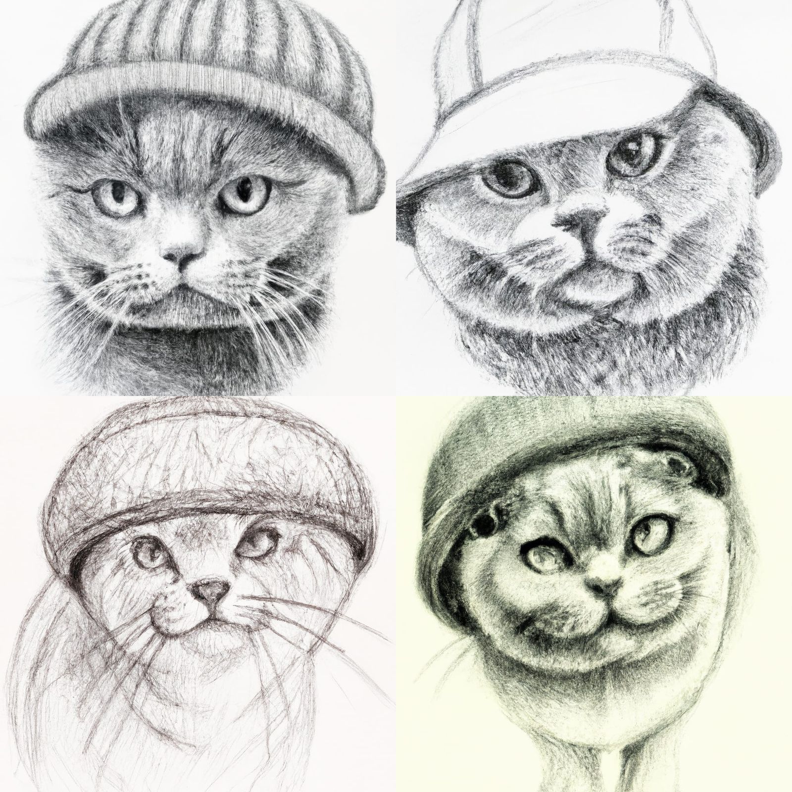 Pencil Sketch of a Scottish fold cat wearing a hat