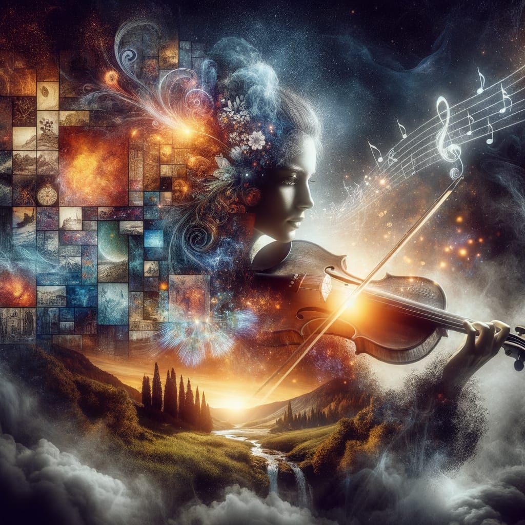 A hyper-realistic double exposure against abstract dark smokey background, semi abstract lithography artwork blending a caucasian woman play...