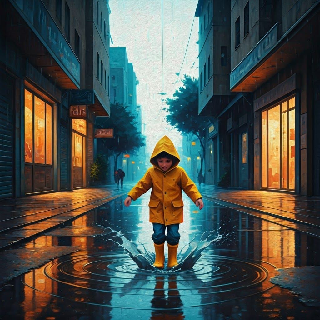 Rainy Street Scene in Tel Aviv, Joyful Childhood Moment