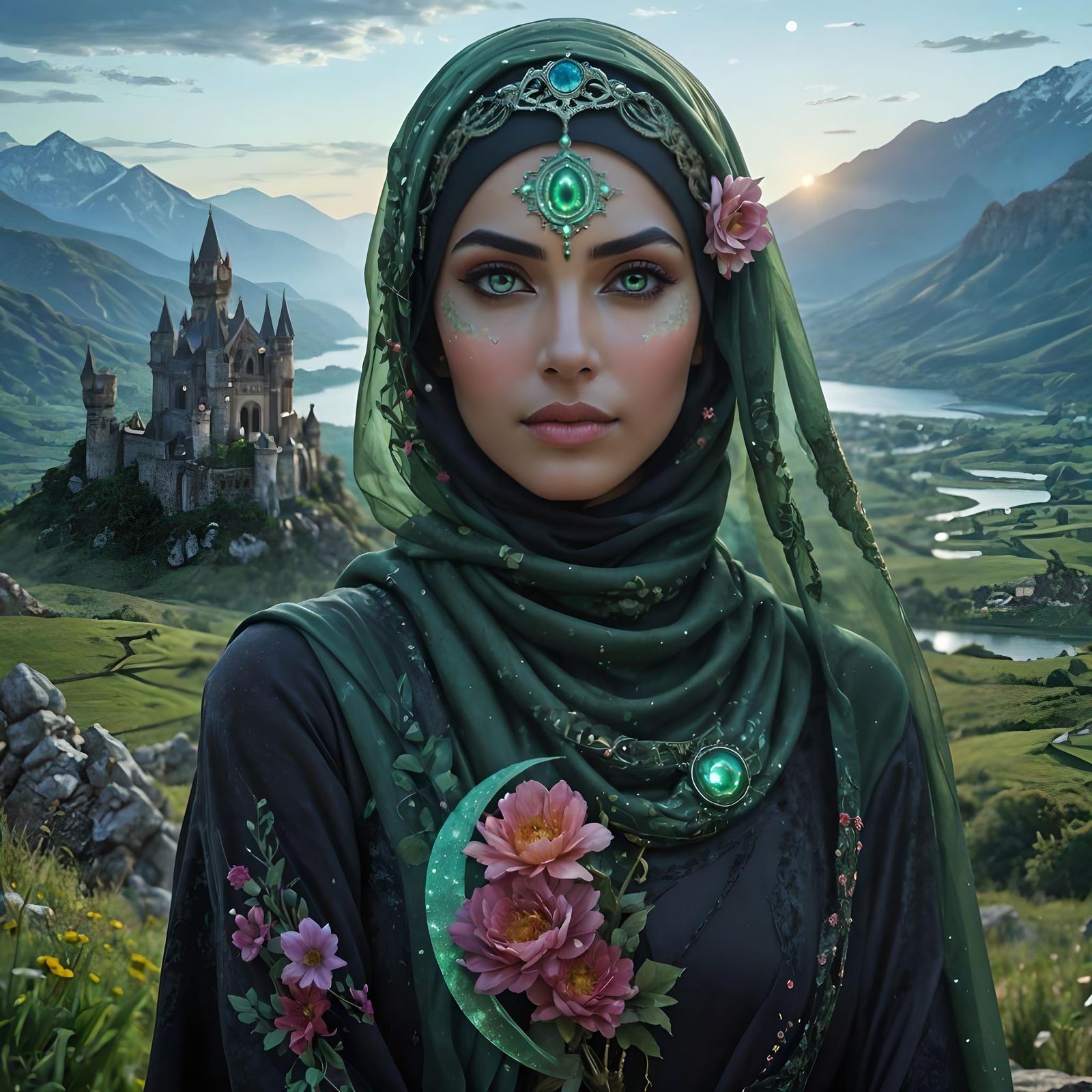 Ethereal Enchantress in Green: Surreal Portrait