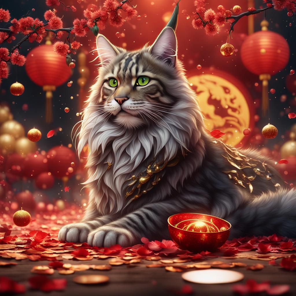 Maine Coon and Dragon Celebrate Lunar New Year