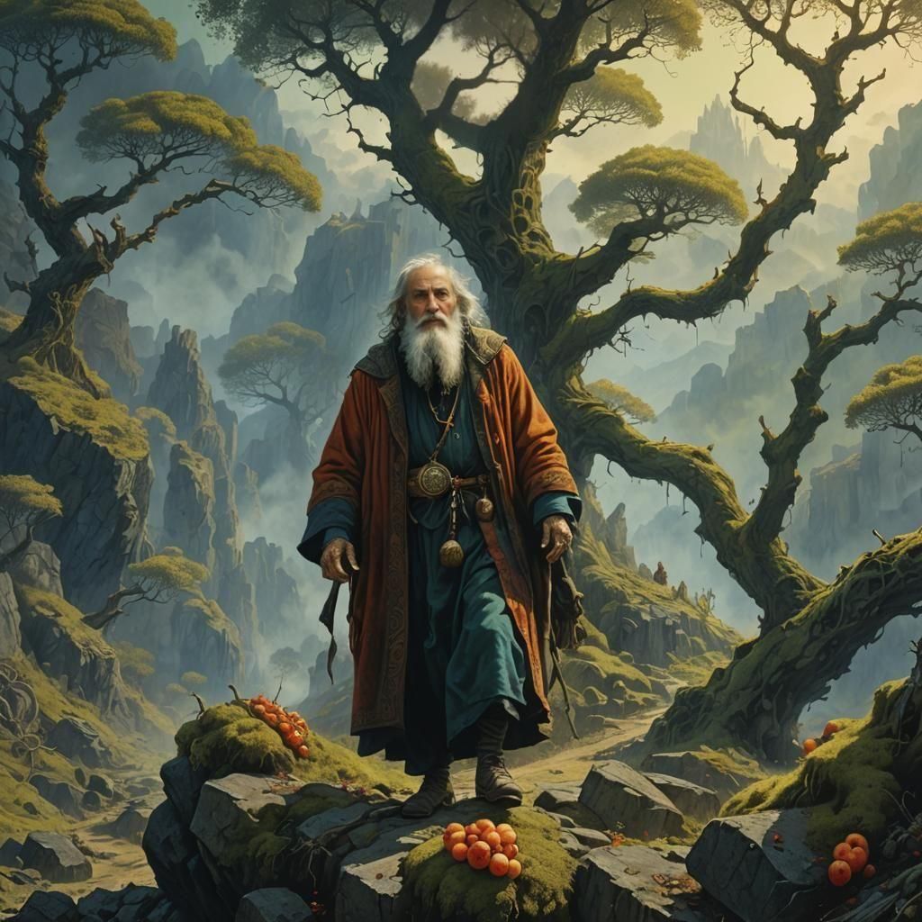 Old Man Climbs Mountain in Detailed Matte Painting