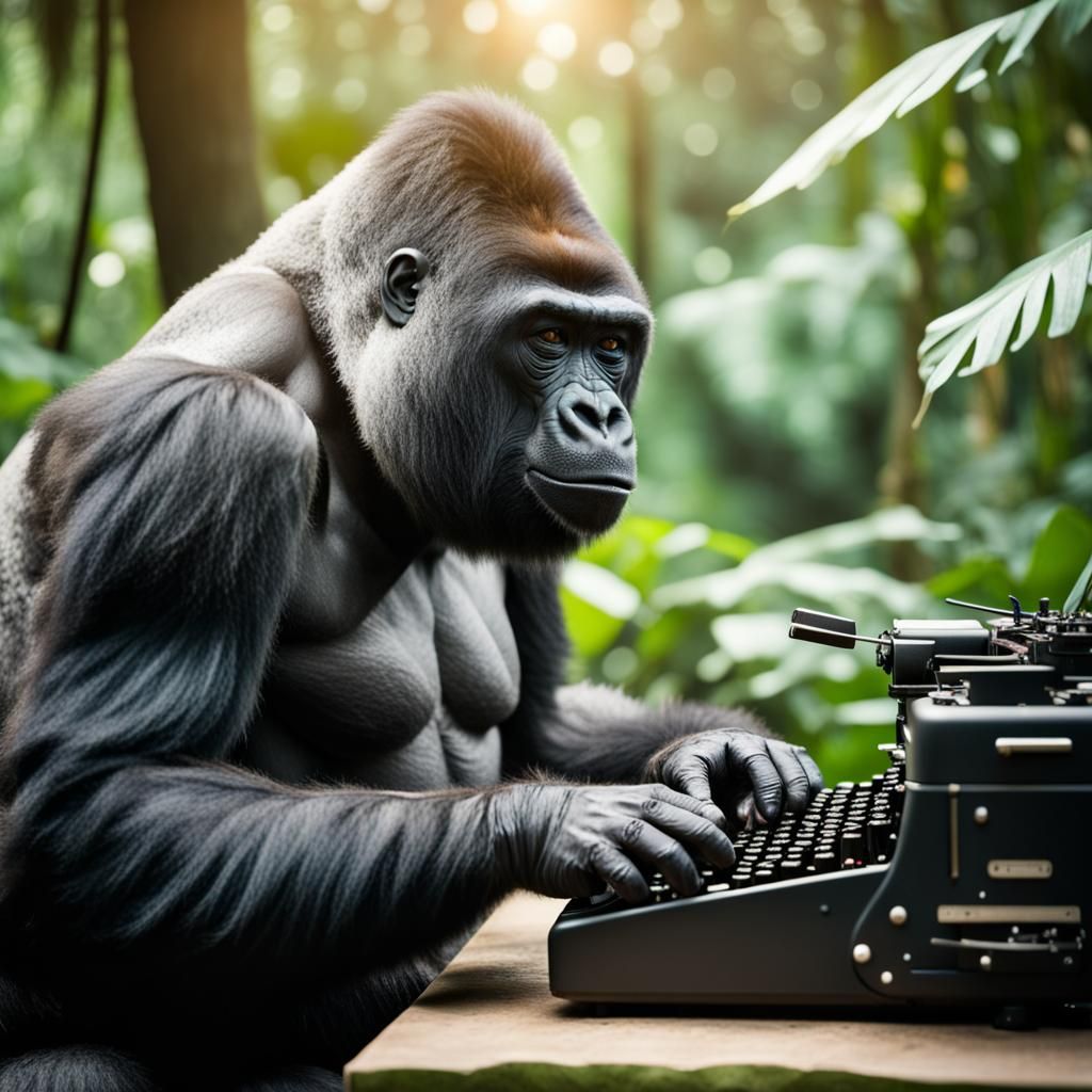 a gorilla typing on a typewriter in the jungle,  Professiona...