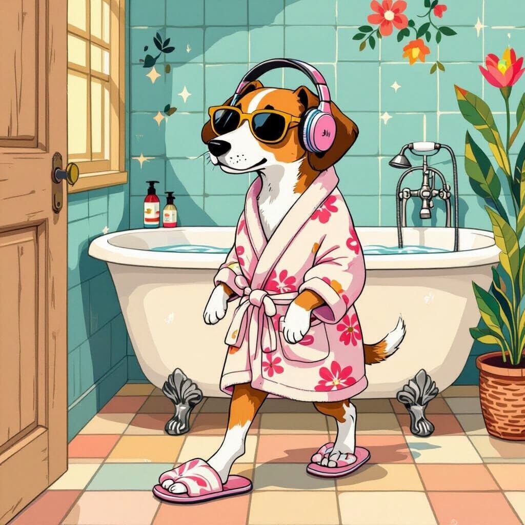 can you realistically make a dog walking towards his bath in an towel dress, with slippers on his feet, sunglasses on his eyes and a headpho...