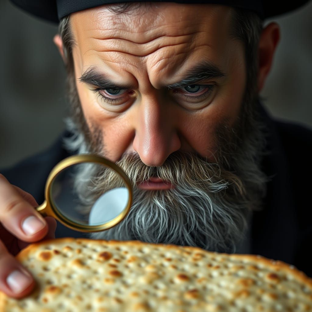 Orthodox Man Examines Giant Matzah with Intense Focus