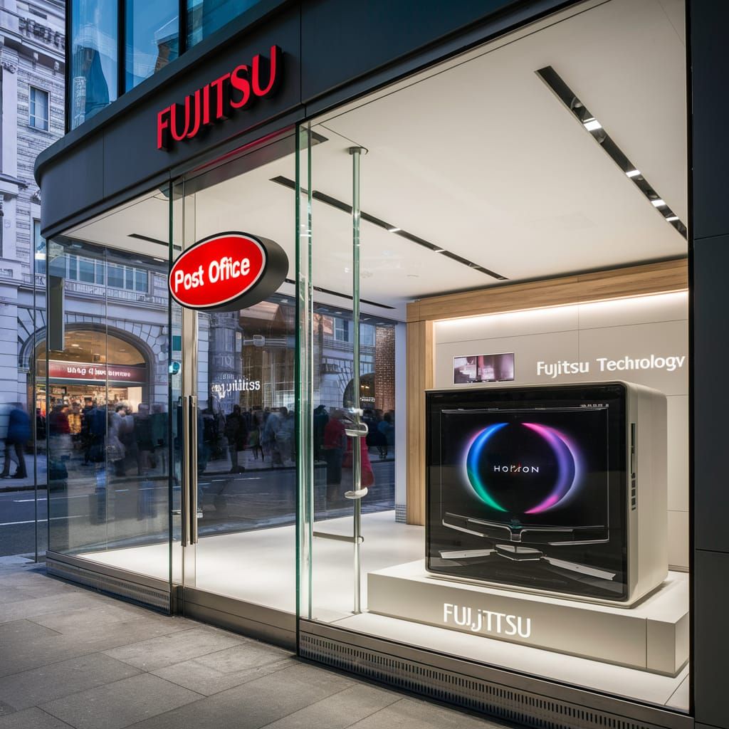 a technology shopfront in London. The shop is signed "Fujits...