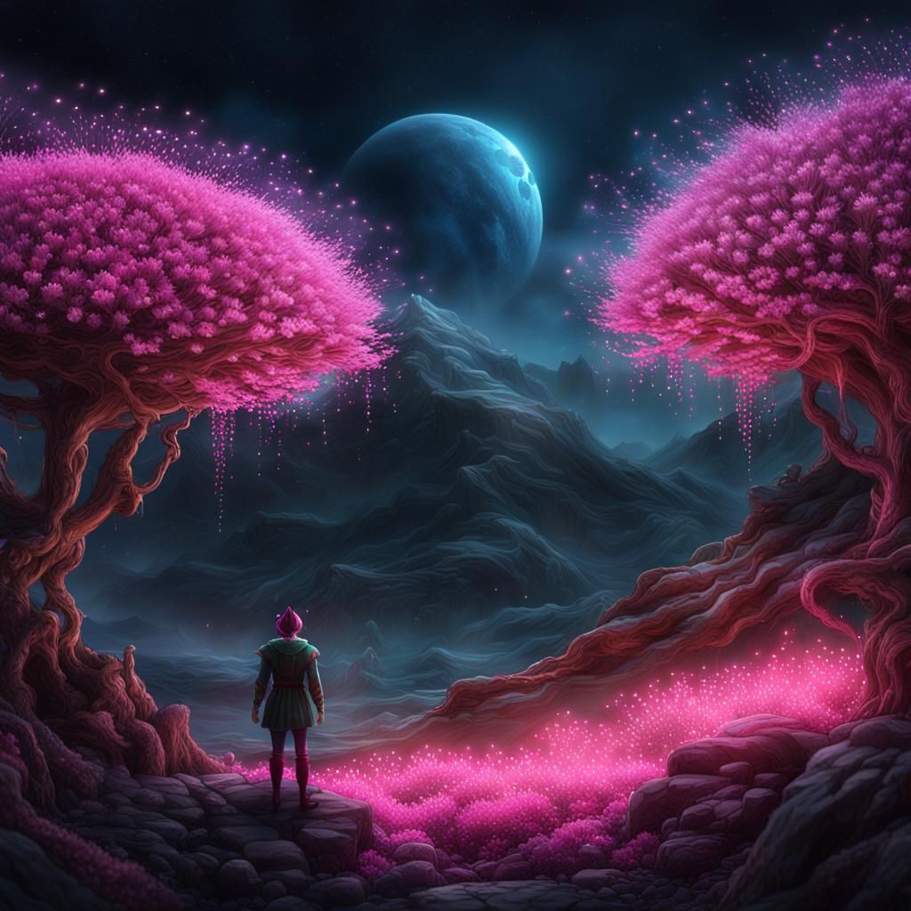 An epic mystical night scene of an elf standing over a tiny ...