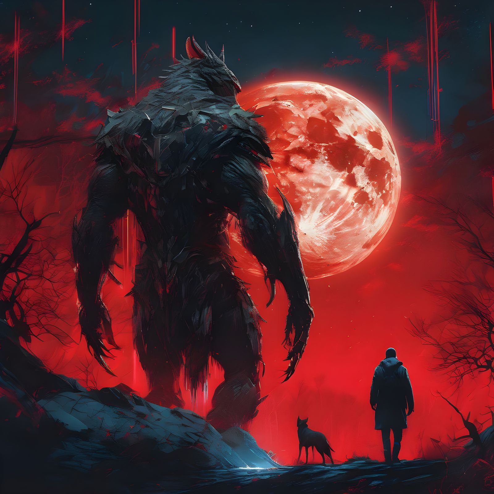 A tall cryptid in front of a blood moon