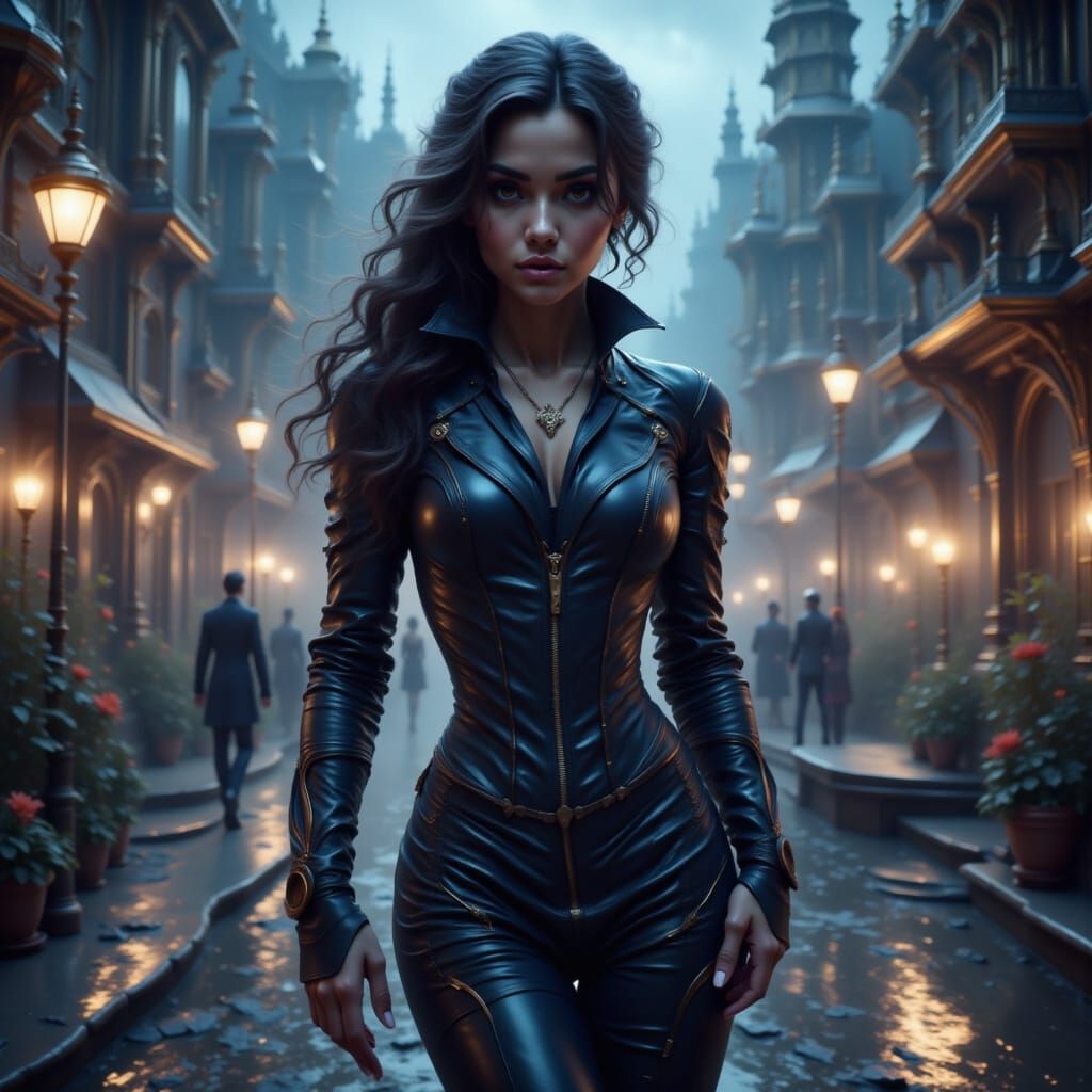 cyberpunk cityscape with a cyber woman in a leather outfit <lora:Thayosin:1.0>