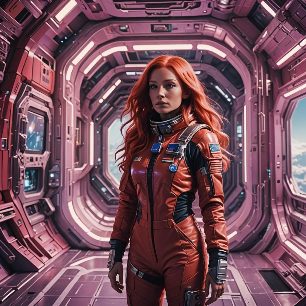 beautiful woman long mauve hair wearing red spacesuit futuri...