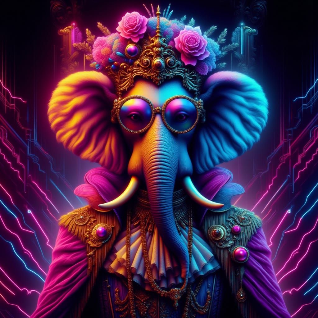 <lora:Baroquewave:1.0>portrait, elephant in elaborate clothing and glasses in the style of Baroquewave, neons, luminous lighting