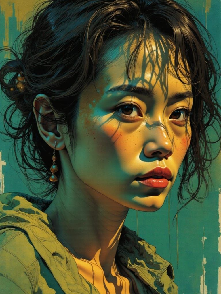 <lora:Lapsus:0.85>figure study in amber, yellow, green, blue, hydropunk, fairycore, acid bleed, deep colors, highly saturated, gritty, gangl...