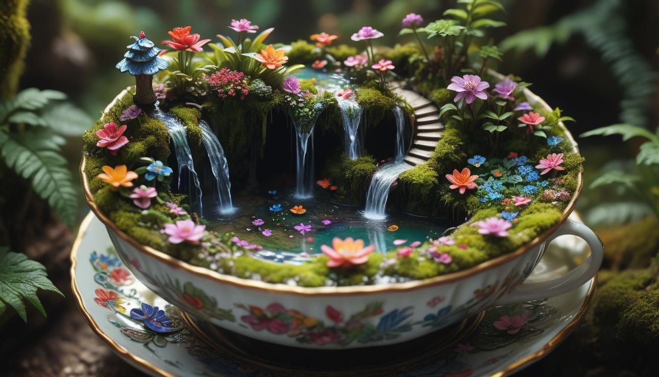 Miniature world inside an antique ornamental teacup, tiny lush colourful forest, miniature waterfall, ...  by @Shakaama