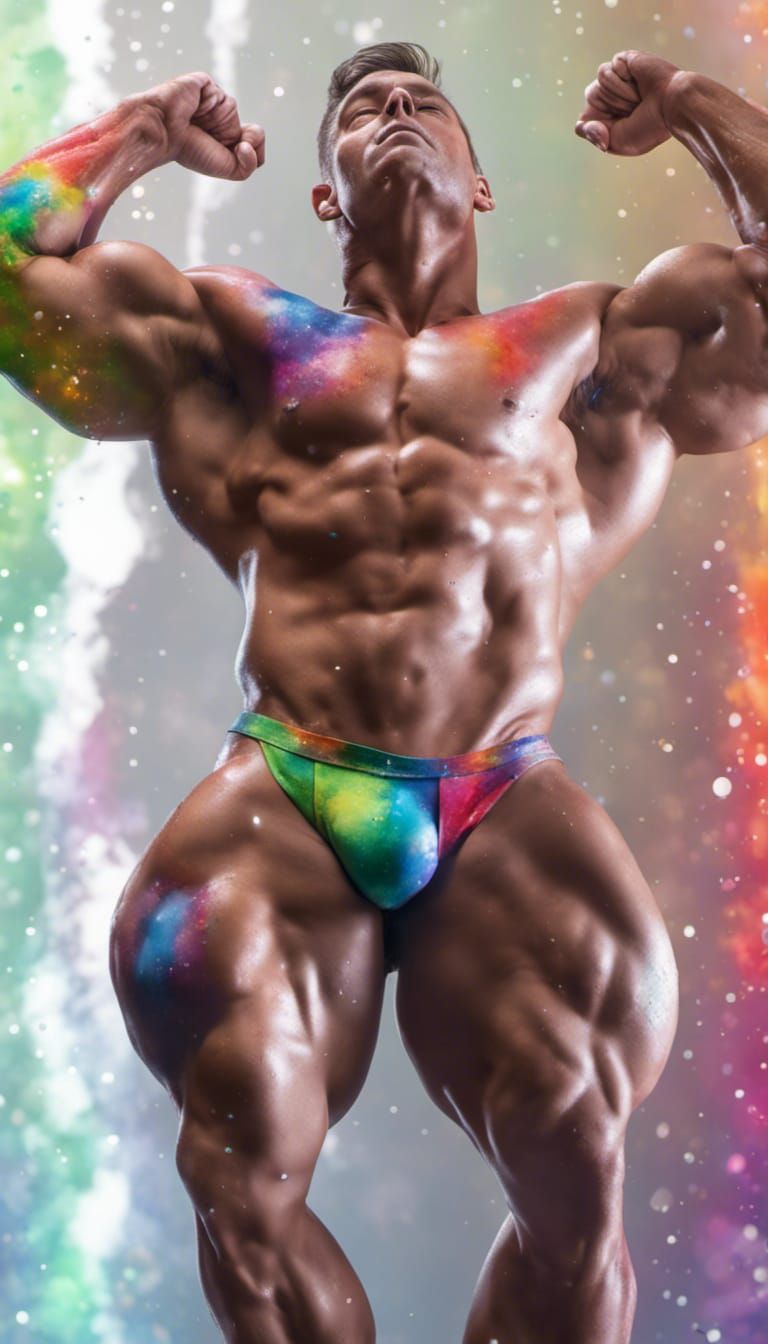 Rainbow Splatter Bodybuilder with Floating Crystals