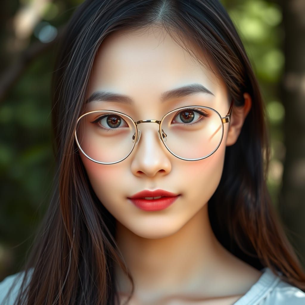 East Asian Woman in Serene Forest Landscape
