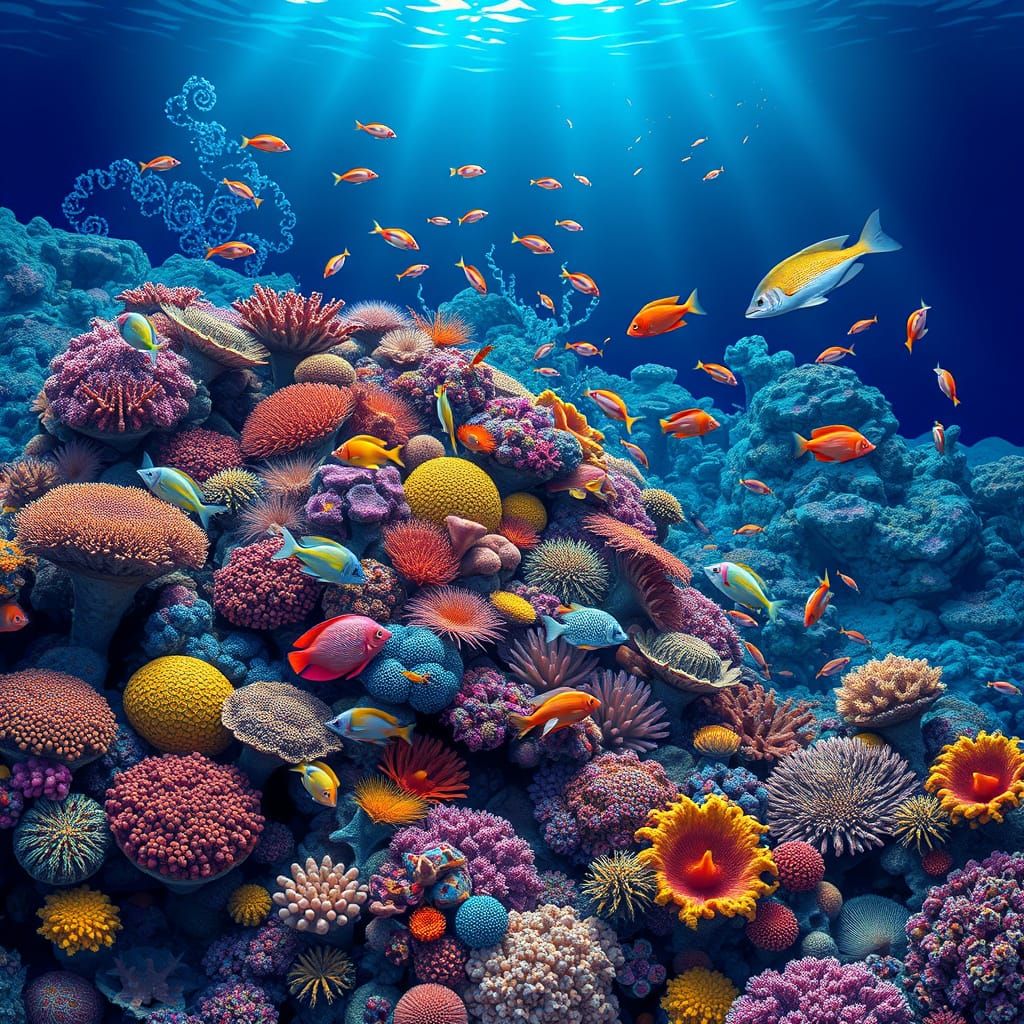 Vibrant coral reefs, diverse marine life, and serene underwater environments  by @Nettypop