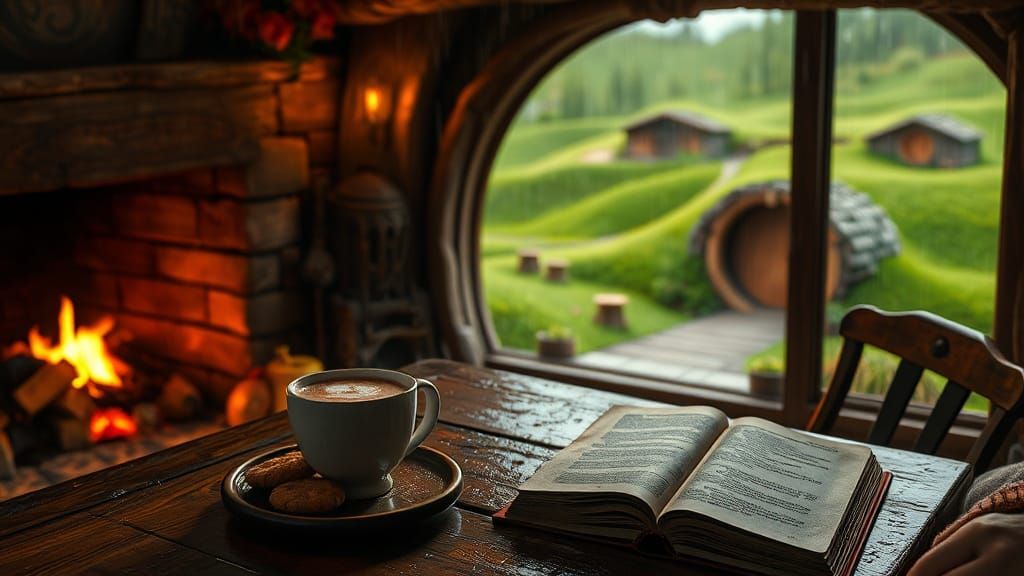 Looking at rainy hobbiton out of the cottage window while drinking a cup of hot chocolate, reading a ...  by @Dorian