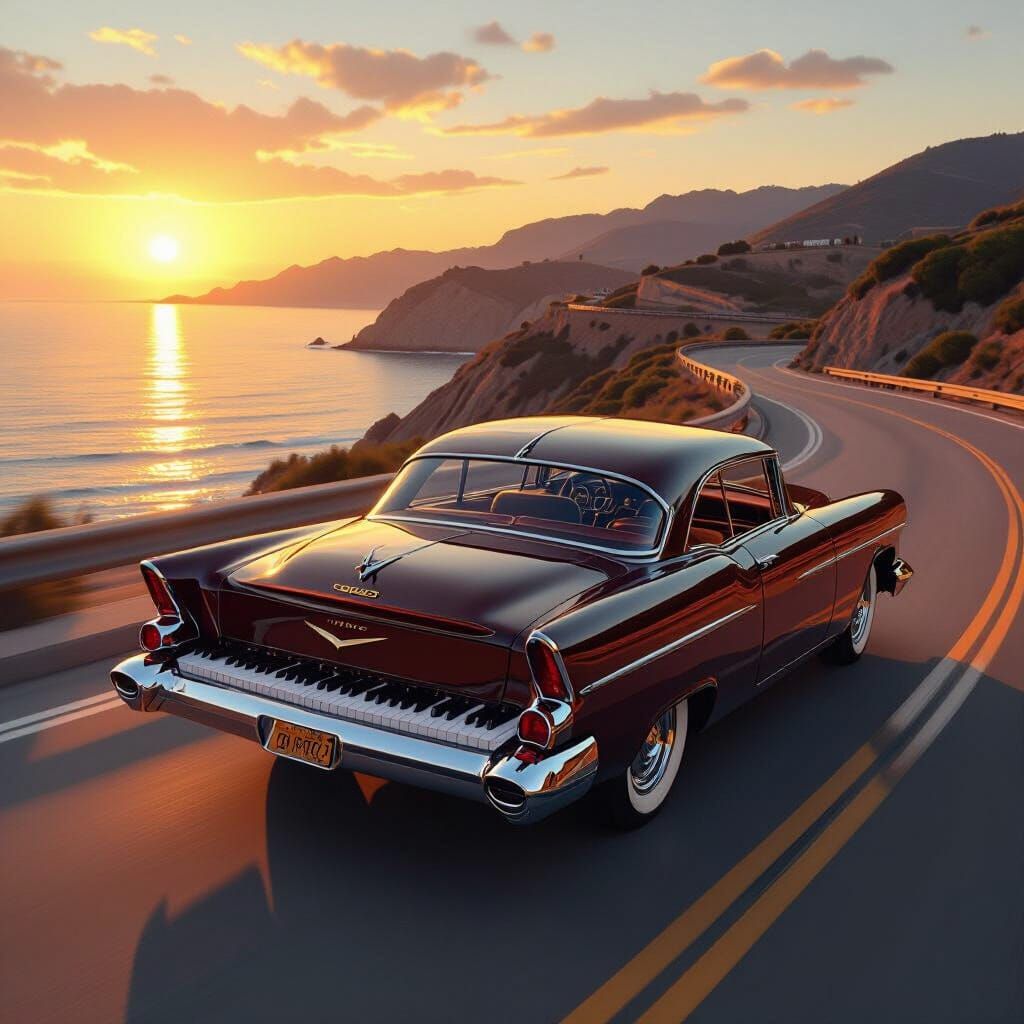 Vintage Piano Car on Coastal Highway at Sunset