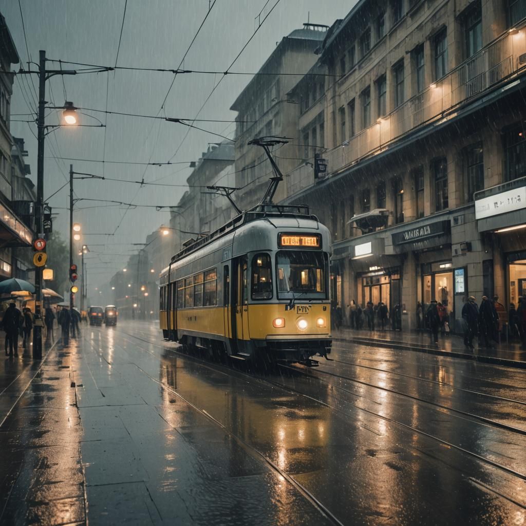 traveling by tram in the rain arrived to a station