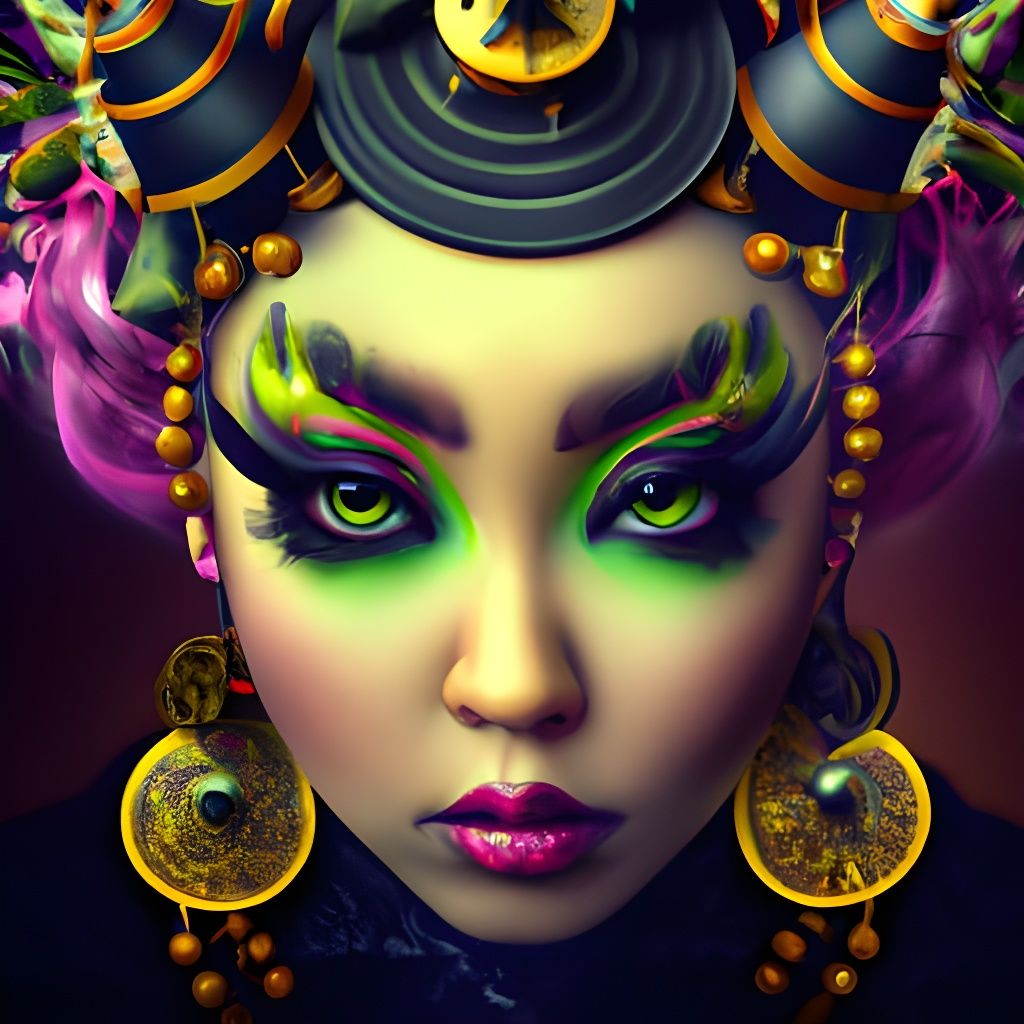 A PORTRAIT OF A WITCH WITH BLACK POTION EARINGS, YELLOW EYES...