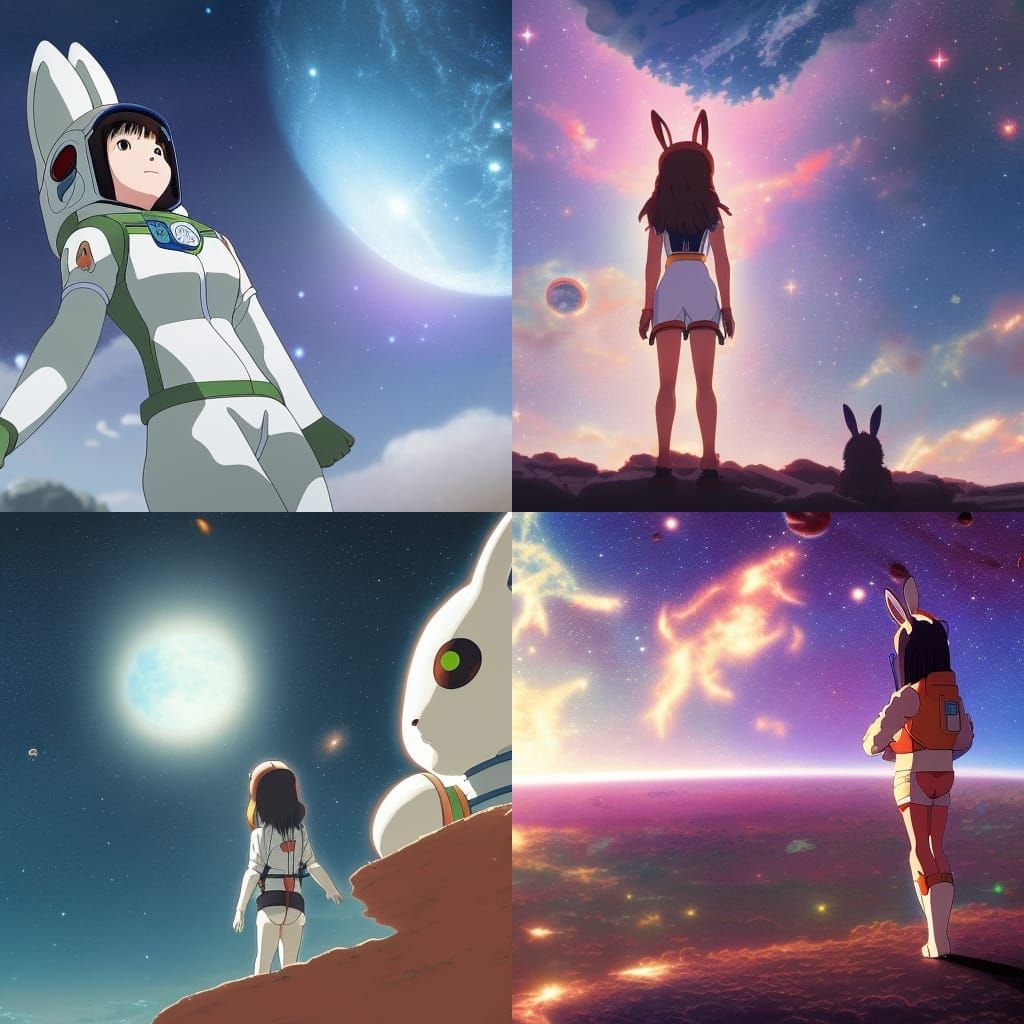 Bunnygirl in spacesuit looking out at a galaxy