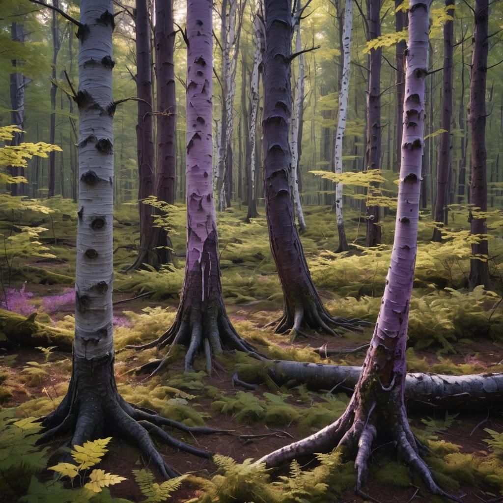 Photorealistic forest with Maple trees, white birch and spru...