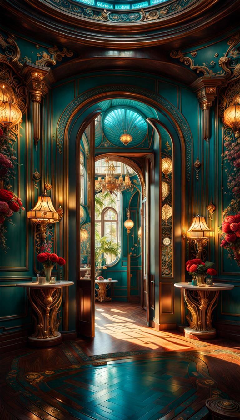 Art déco door room.. A breathtaking masterpiece fantasycore artwork by Android Jones, Jean Baptiste monge, ...  by @Jokavld