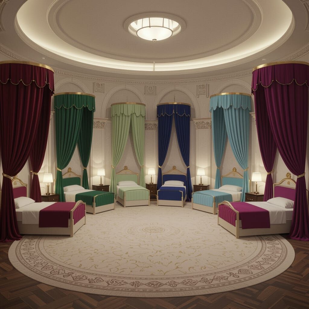 A large circular royal bedroom with eight single beds arranged in a U-shape around the room, leaving the front near the door open. Each bed ...