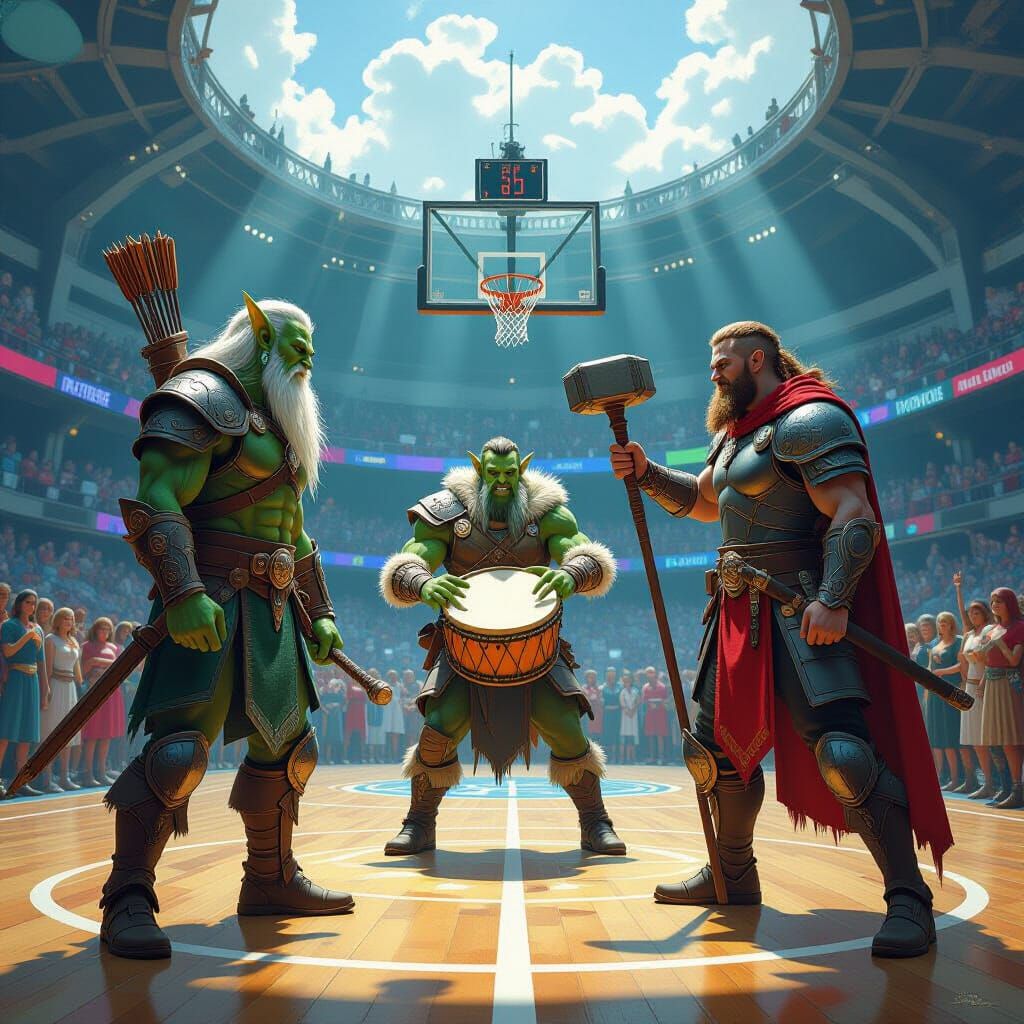 "Tournament on the Sky Islands"

Scene:
Islands floating in the sky, connected by bridges of light. On one of them is an ancient arena, carv...