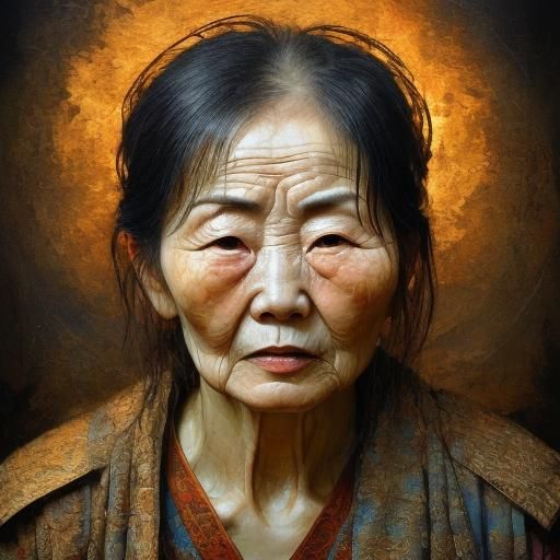 <lora:Filigree Oil Sfumato:1.0> Old Chinese woman, portrait oil painting, chiaroscuro lighting, puzzled expression on his wrinkled face, kin...
