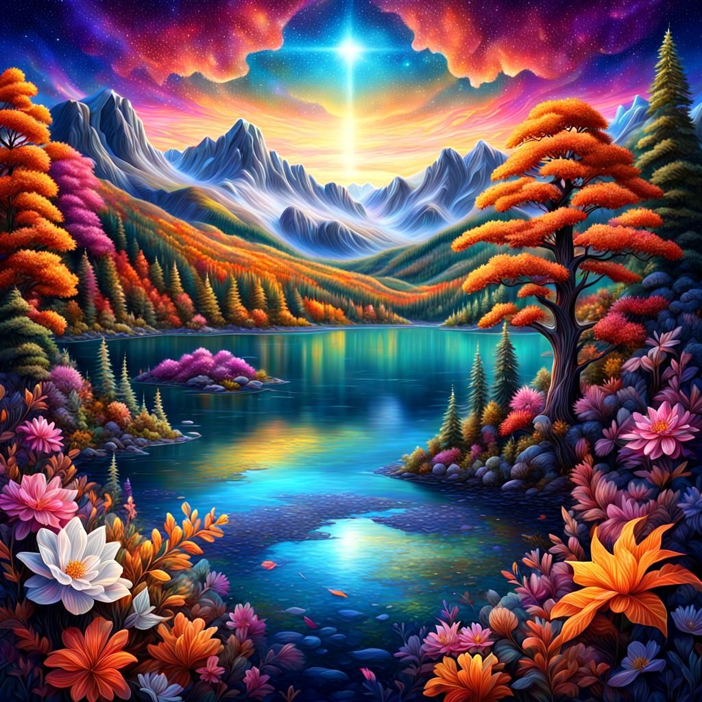 A highly detailed, hyper realistic, glittering lake. Surroun...
