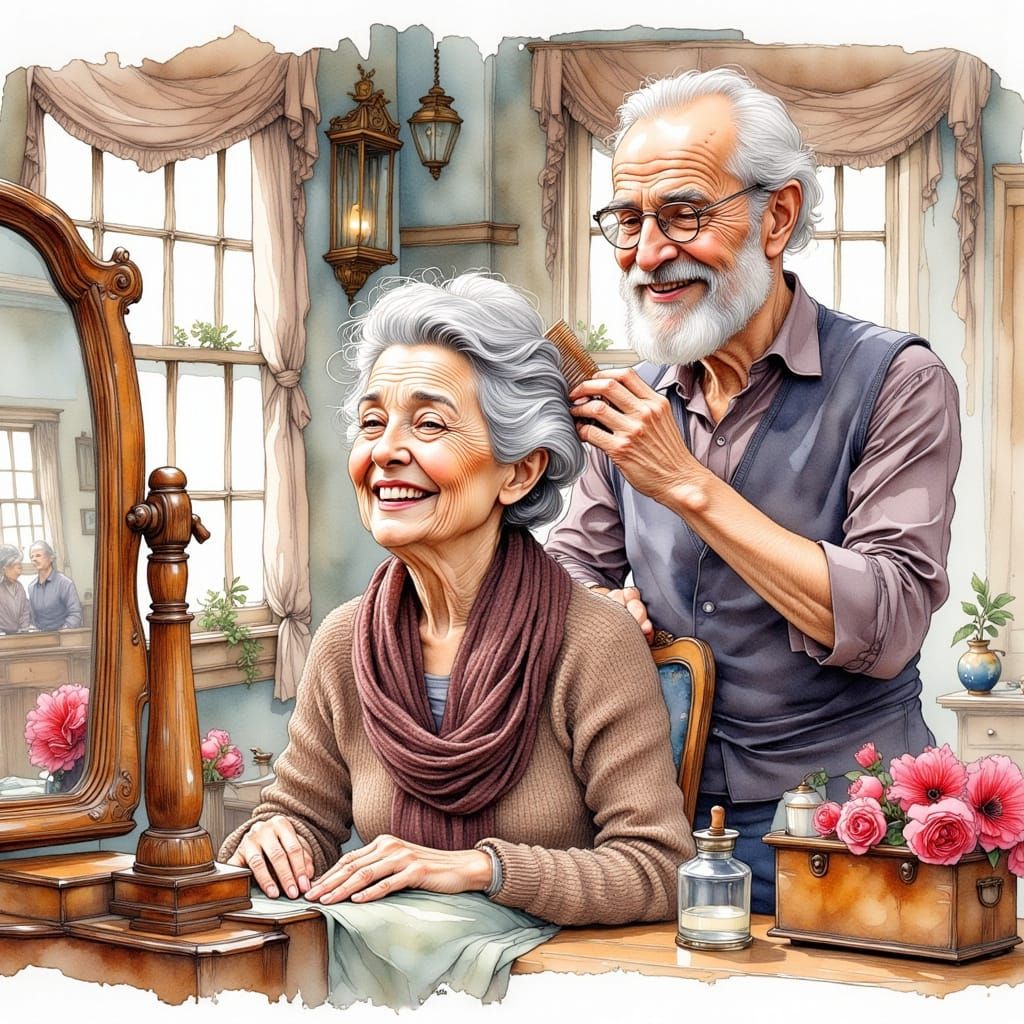 Joyful Elderly Couple in Warm, Painted Illustration Style