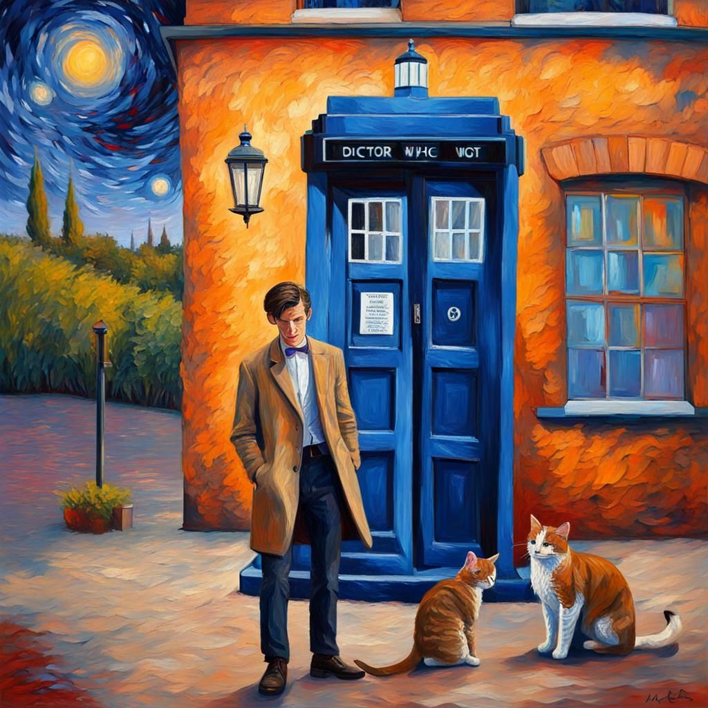 Doctor Who Matt Smith petting a cat outside tardis.