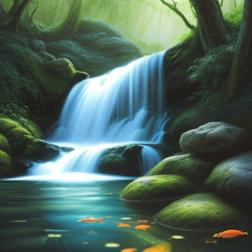 Playful Goldfish in Freshwater Waterfall: Digital Watercolor