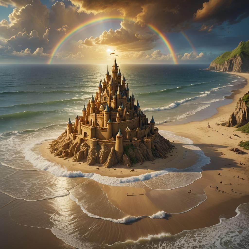 sandcastle calm sea below a rainbow and golden sky