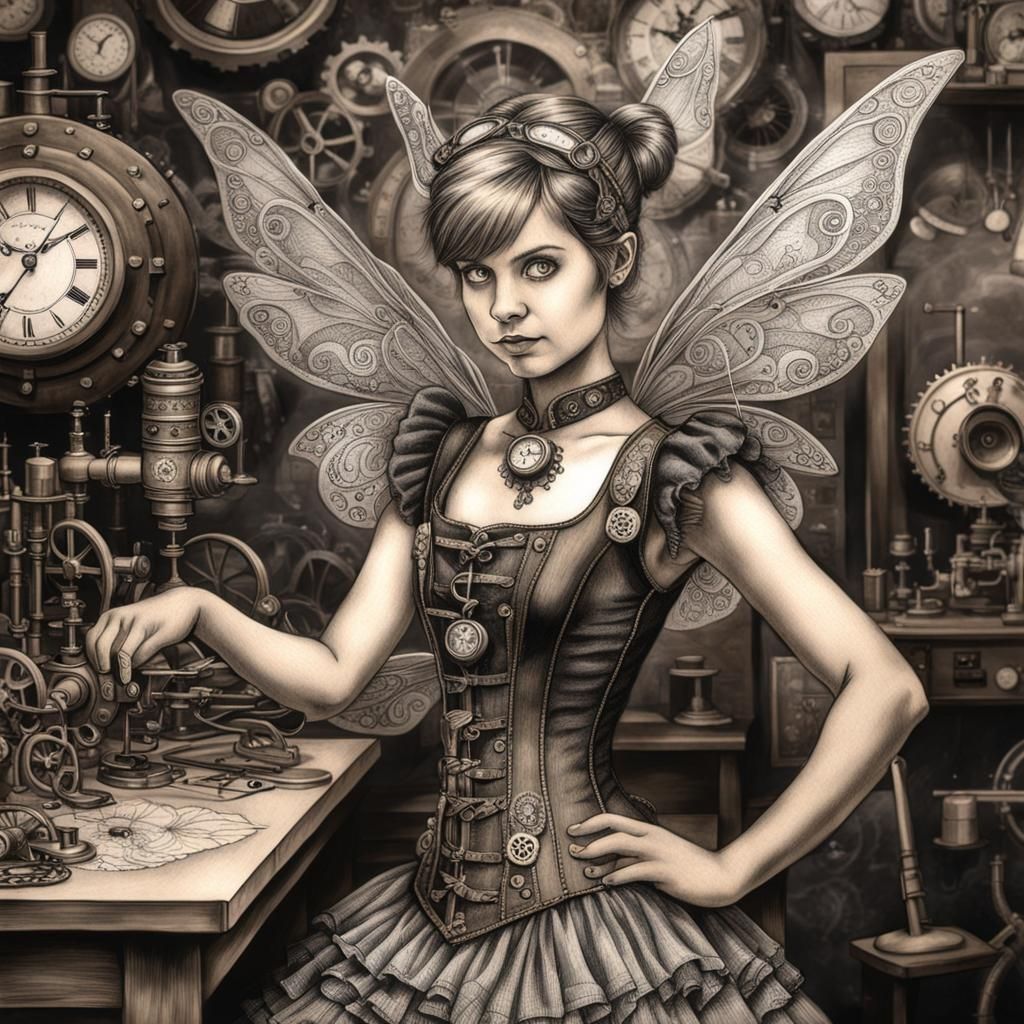 Black&White Steampunk Tinkerbell - AI Generated Artwork - NightCafe Creator