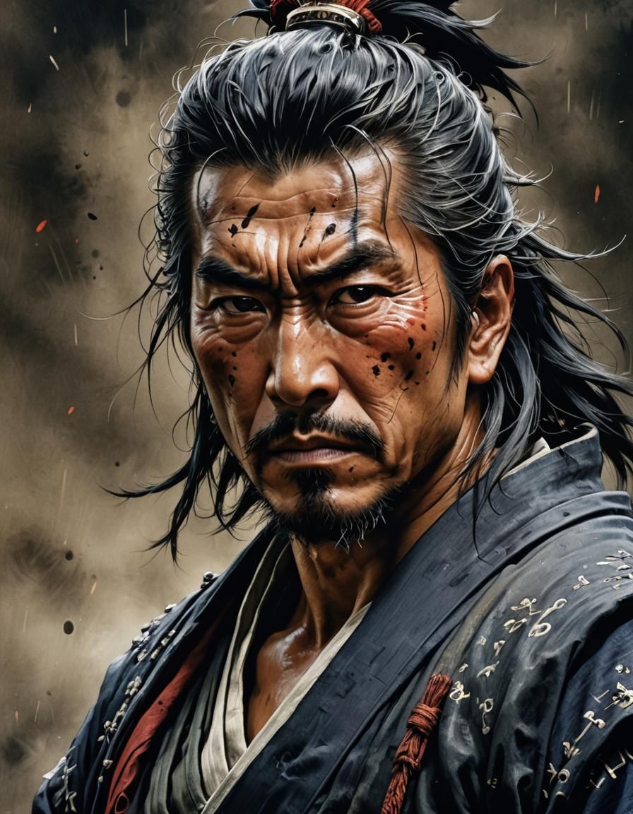 Miyamoto Musashi ultra-close-up!!! stunning expression,perfect background, professional canvas by Yoshitaka Amano, Takeh...