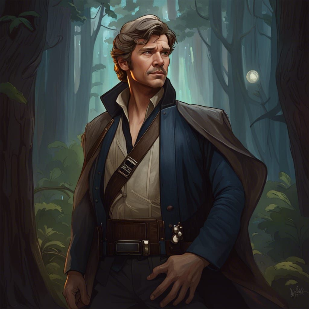 Steampunk Han Solo wonders through the dark woods, enemy ships in the ...