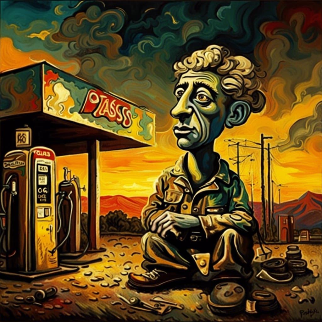 Pablo Picasso works as a grease monkey at a roadside gas sta...