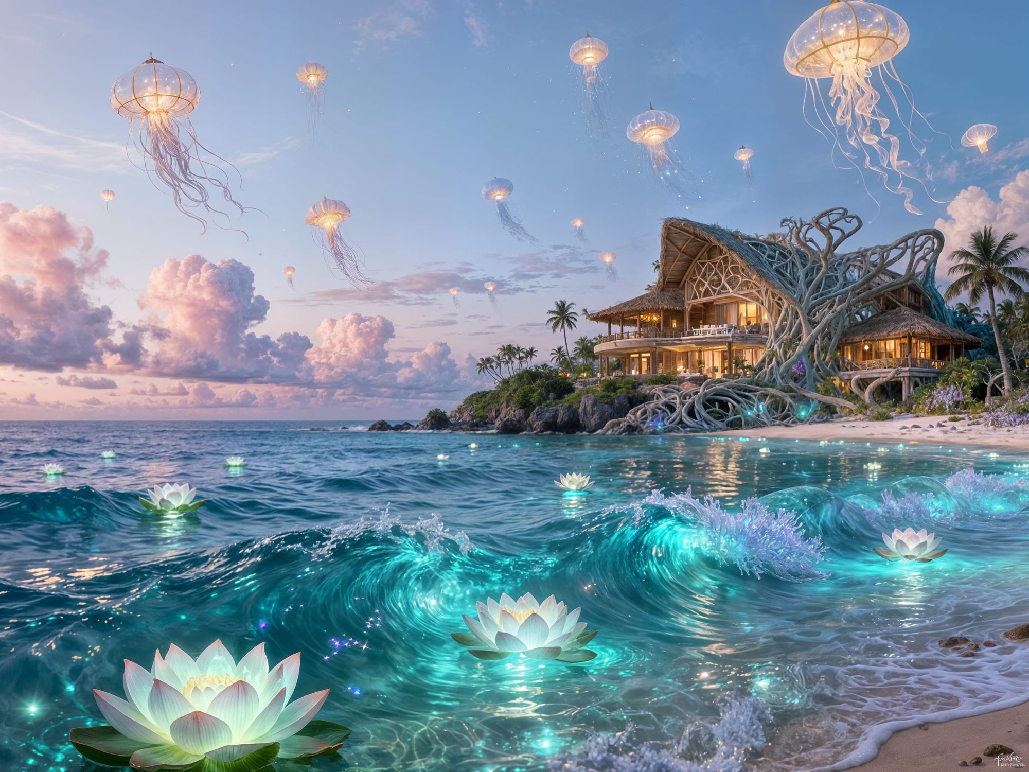 A beautiful woman walks on the beach on an amazing alien shore. She stares at the amazing view - Start Image 2