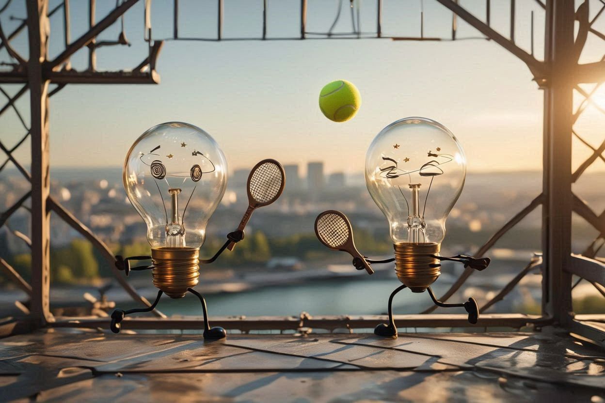 Dizzy Lightbulbs Playing Tennis on the Eiffel Tower