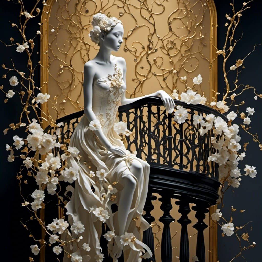  <lora:Ivory:1.0>ivory flower over the balcony, black night 