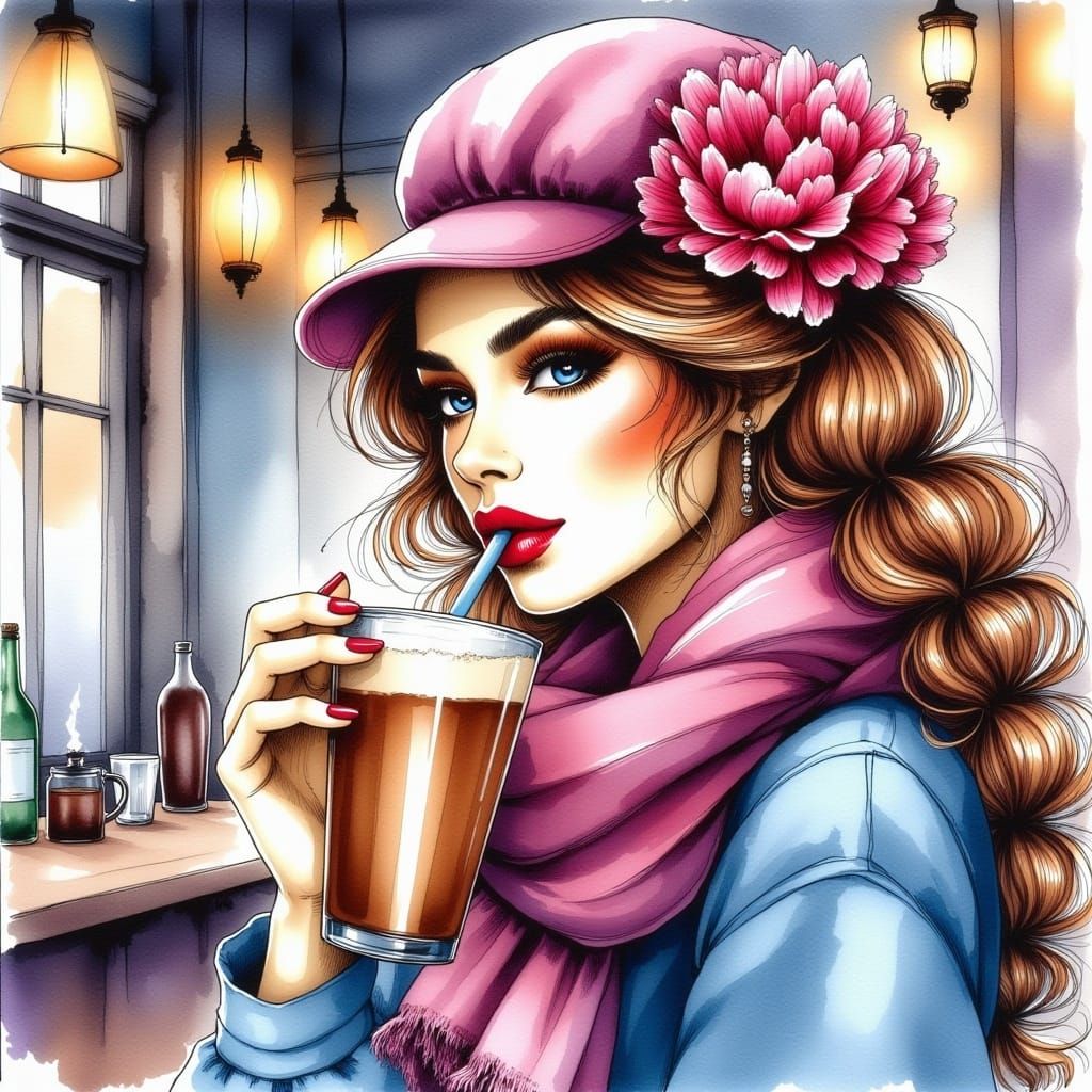 <lora:Alcohol Ink Flux:1.0>  A stunning woman, brown hair with a thick wool shirt, a hot wool cap, chiffon flowering scarf on her neck, in a...
