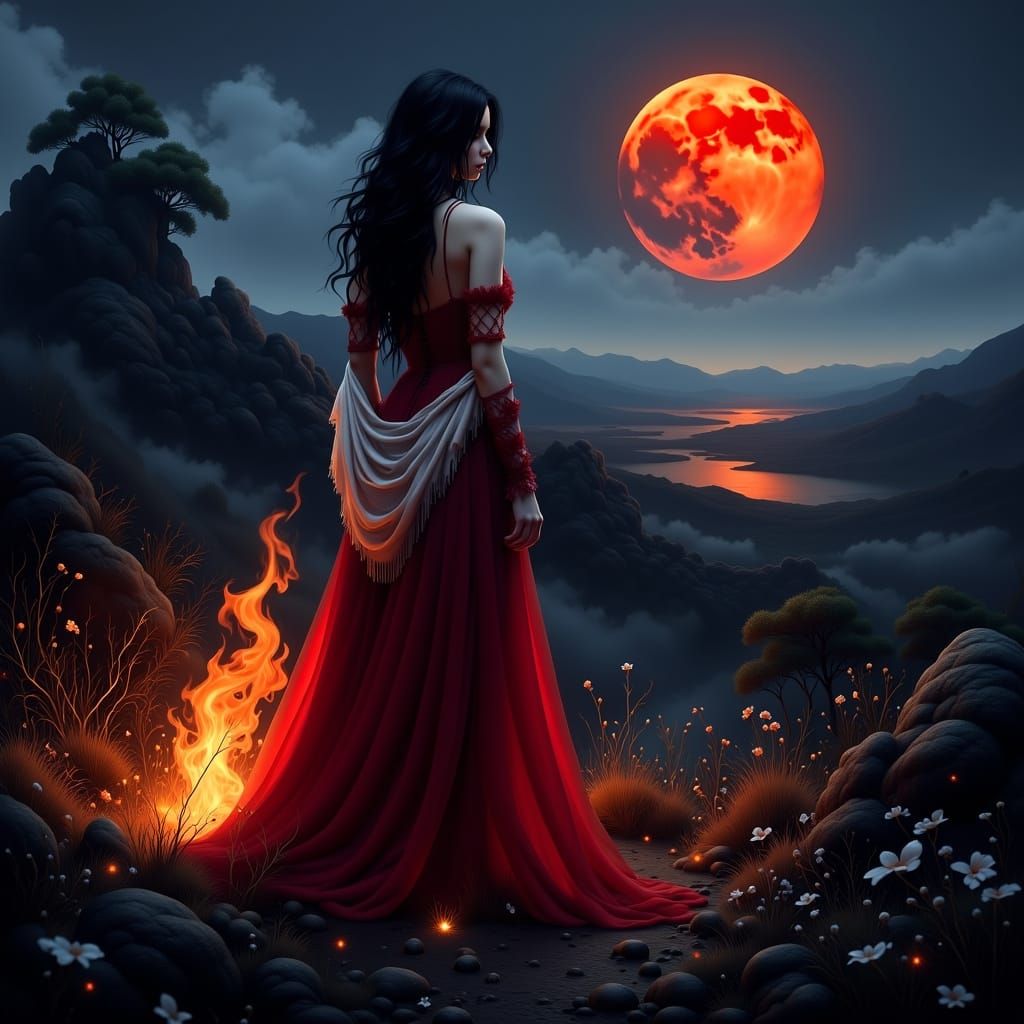 La bellissima Eustacia Vye, di notte, con un fuoco acceso, su una collina. Eustacia Vye ha i capelli neri, la pelle bianca, e il vestito ros...