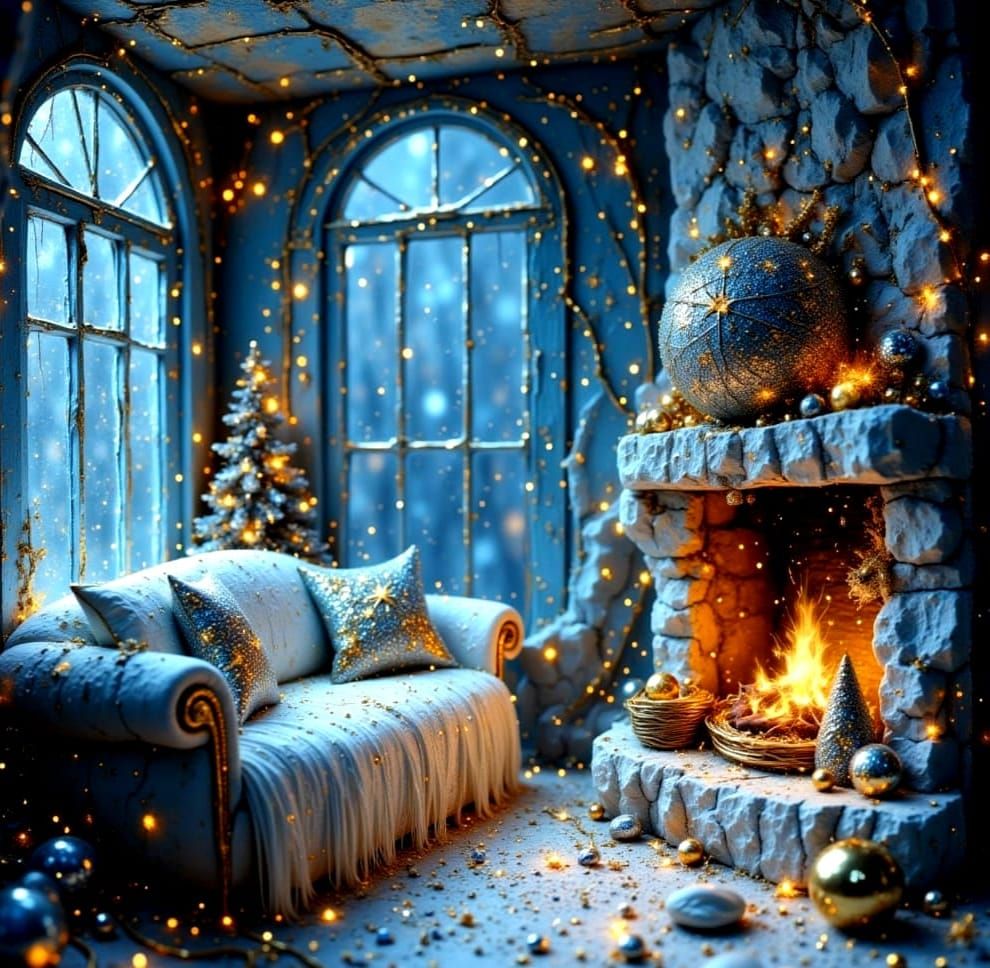 Cozy Snowflake Living Room With Blue Fire