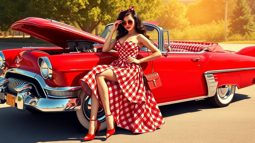 A glamorous rockabilly pin-up model leaning against a 1950s hot rod roadster with red-and-white gingham ...  by @Steveiam